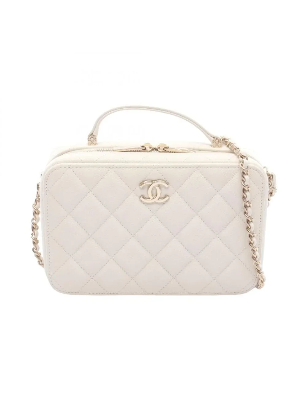 Chanel Shoulder Bag Quilted Vanity Top Handle 2-Way White Caviar Leather Chain
